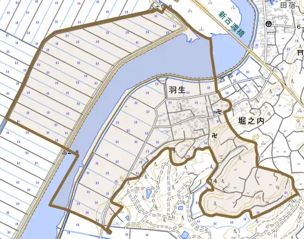羽生とその周辺の地図。町の範囲を重ねている
