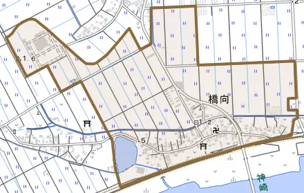 橋向とその周辺の地図。町の範囲を重ねている