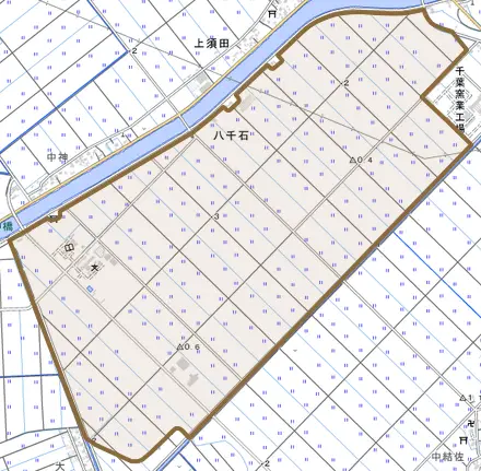 八千石とその周辺の地図。町の範囲を重ねている