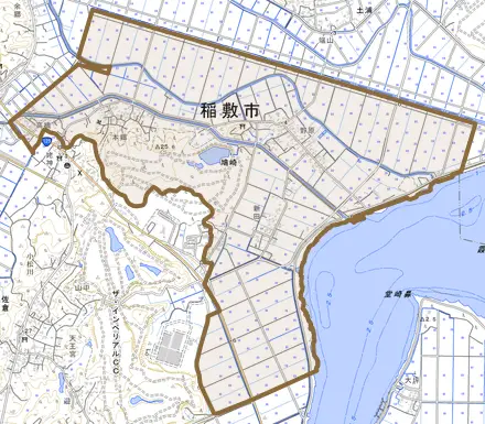 鳩崎とその周辺の地図。町の範囲を重ねている