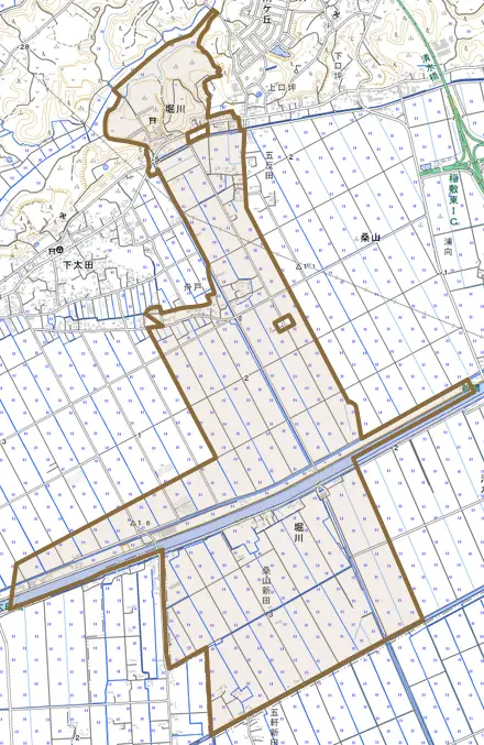 堀川とその周辺の地図。町の範囲を重ねている