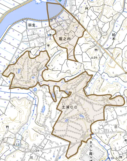 堀之内とその周辺の地図。町の範囲を重ねている