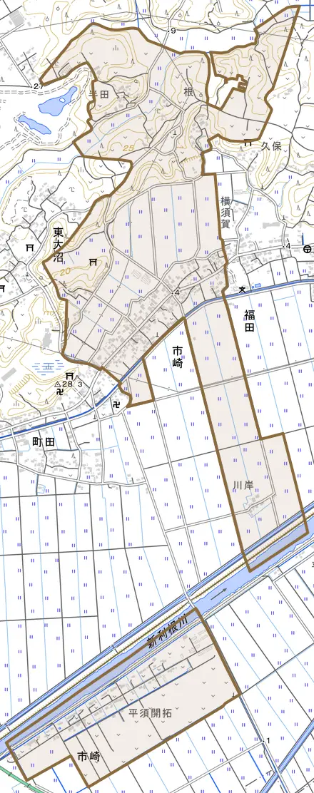 市崎とその周辺の地図。町の範囲を重ねている