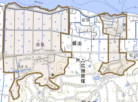 飯出とその周辺の地図。町の範囲を重ねている