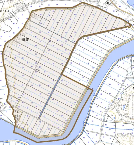 稲波とその周辺の地図。町の範囲を重ねている