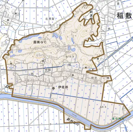 伊佐部とその周辺の地図。町の範囲を重ねている