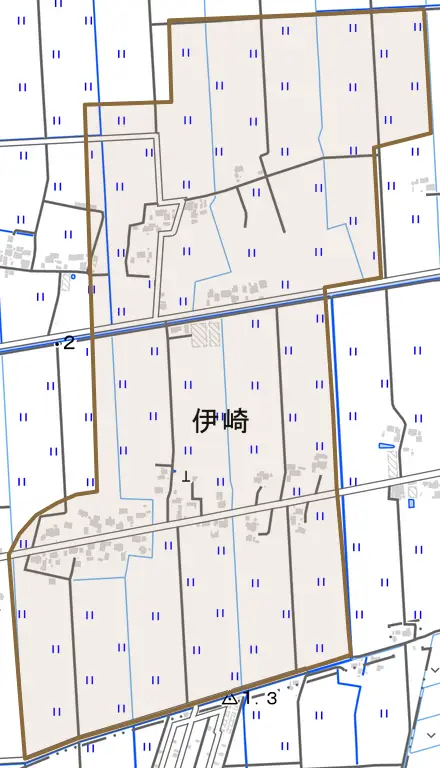 伊崎とその周辺の地図。町の範囲を重ねている