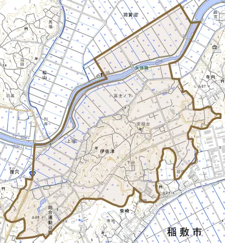 伊佐津とその周辺の地図。町の範囲を重ねている