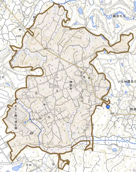 神宮寺とその周辺の地図。町の範囲を重ねている