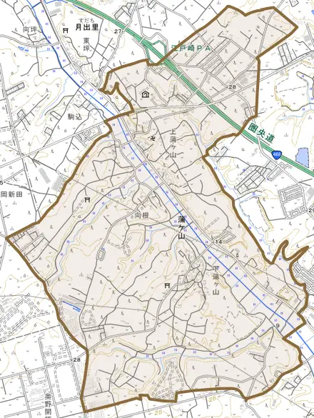 蒲ケ山とその周辺の地図。町の範囲を重ねている