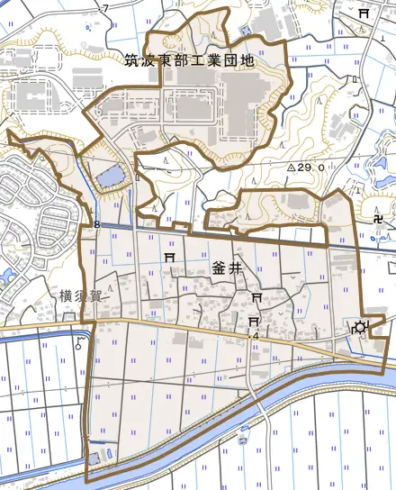 釜井とその周辺の地図。町の範囲を重ねている