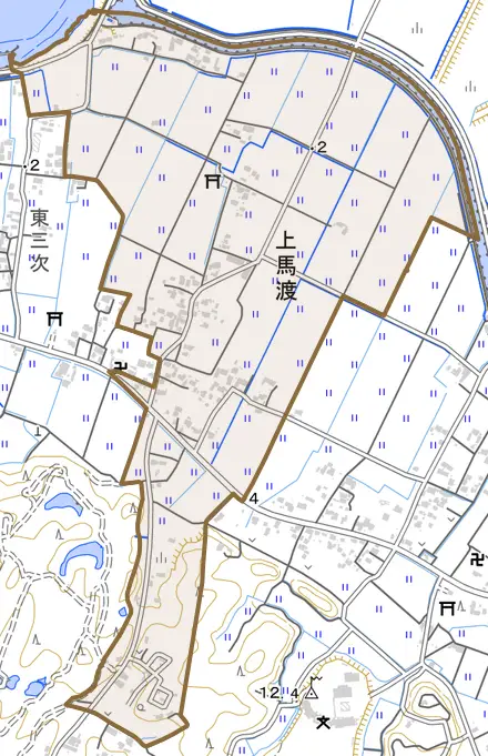 上馬渡とその周辺の地図。町の範囲を重ねている