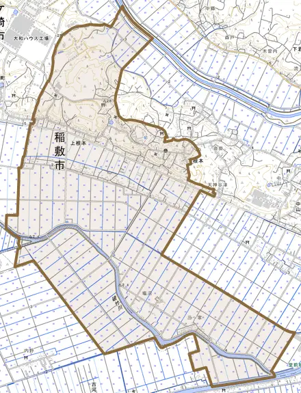 上根本とその周辺の地図。町の範囲を重ねている