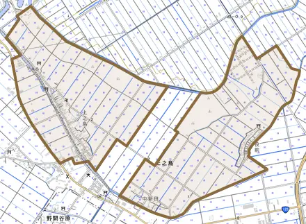上之島とその周辺の地図。町の範囲を重ねている