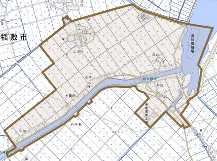 上須田とその周辺の地図。町の範囲を重ねている