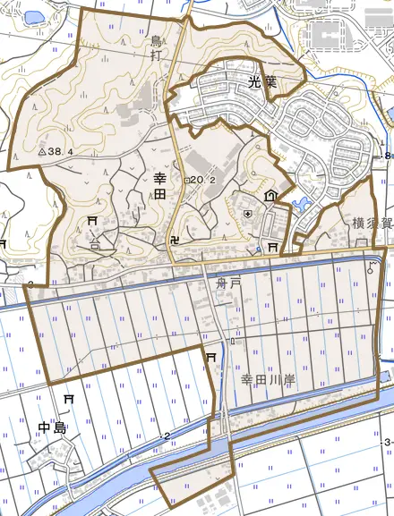 幸田とその周辺の地図。町の範囲を重ねている