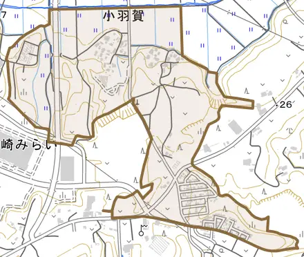 小羽賀とその周辺の地図。町の範囲を重ねている