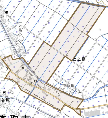 石納とその周辺の地図。町の範囲を重ねている