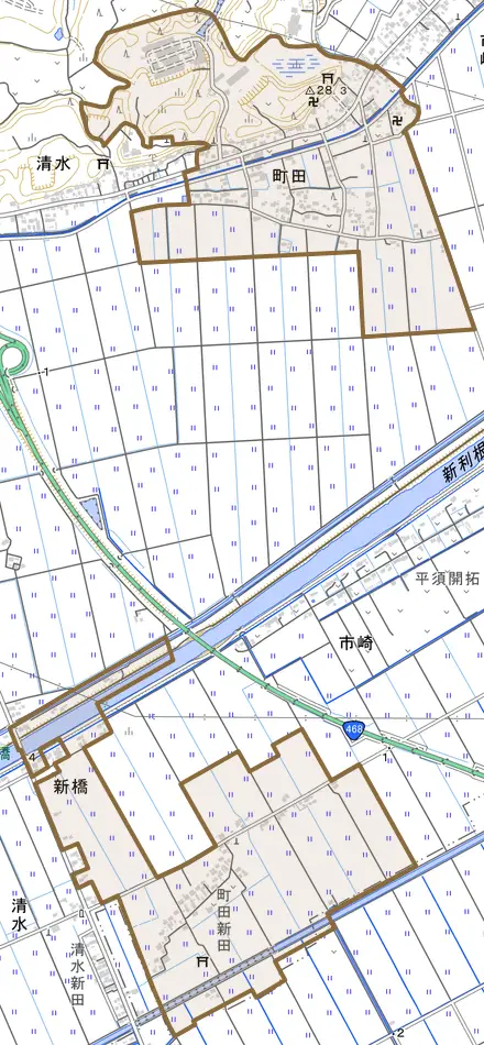 町田とその周辺の地図。町の範囲を重ねている
