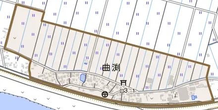 曲渕とその周辺の地図。町の範囲を重ねている