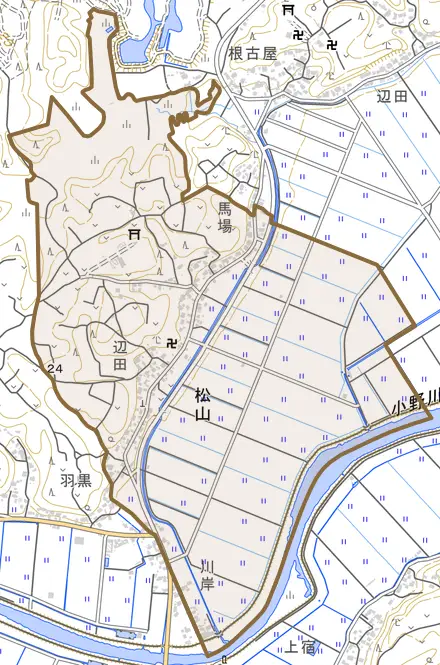 松山とその周辺の地図。町の範囲を重ねている
