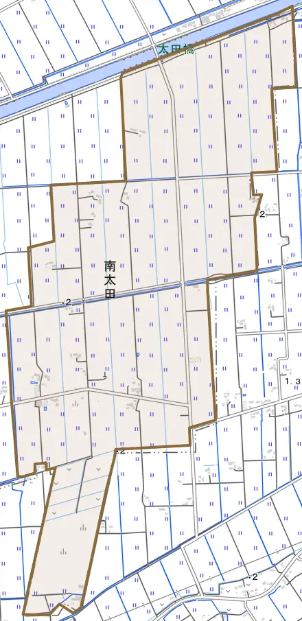 南太田とその周辺の地図。町の範囲を重ねている