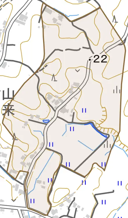 南山来とその周辺の地図。町の範囲を重ねている