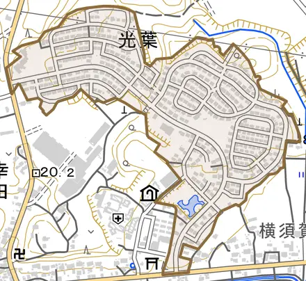 光葉とその周辺の地図。町の範囲を重ねている
