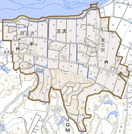 三次とその周辺の地図。町の範囲を重ねている