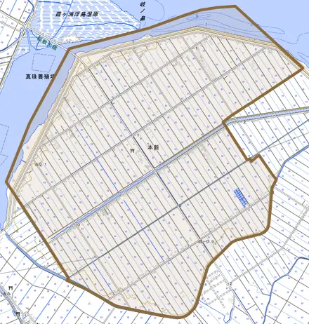 本新とその周辺の地図。町の範囲を重ねている