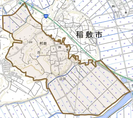 村田とその周辺の地図。町の範囲を重ねている