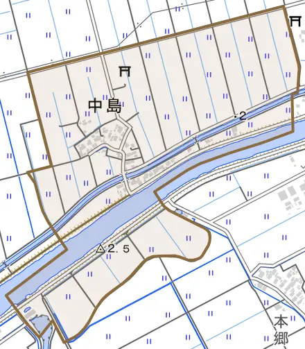 中島とその周辺の地図。町の範囲を重ねている