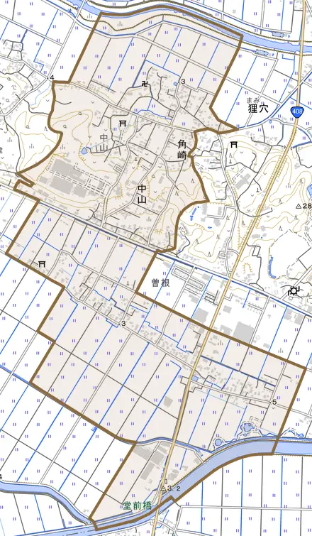 中山とその周辺の地図。町の範囲を重ねている