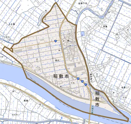 西代とその周辺の地図。町の範囲を重ねている