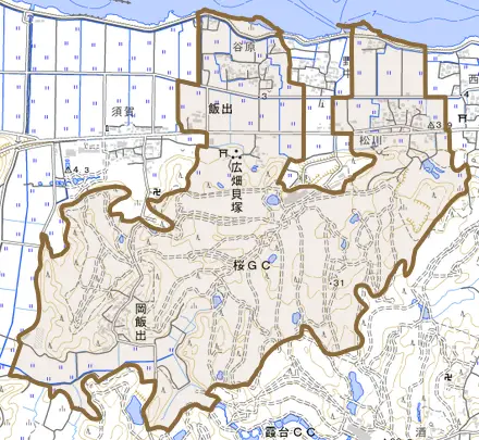 岡飯出とその周辺の地図。町の範囲を重ねている