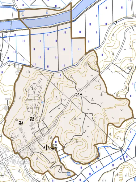 小野とその周辺の地図。町の範囲を重ねている