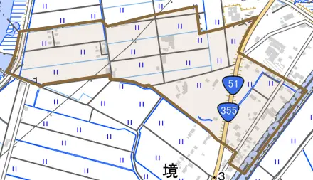 大島とその周辺の地図。町の範囲を重ねている