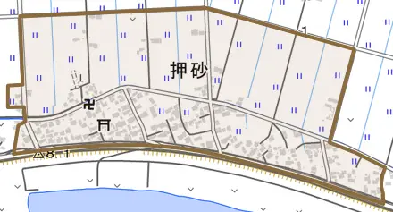 押砂とその周辺の地図。町の範囲を重ねている
