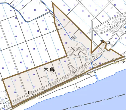 六角とその周辺の地図。町の範囲を重ねている