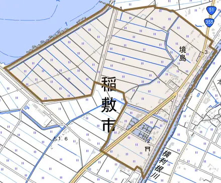 境島とその周辺の地図。町の範囲を重ねている