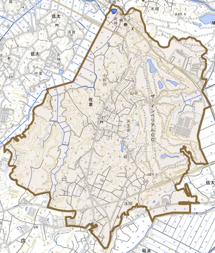 佐倉とその周辺の地図。町の範囲を重ねている