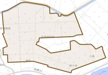 佐原組新田とその周辺の地図。町の範囲を重ねている