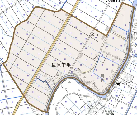 佐原下手とその周辺の地図。町の範囲を重ねている