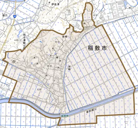 柴崎とその周辺の地図。町の範囲を重ねている