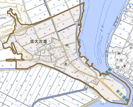 信太古渡とその周辺の地図。町の範囲を重ねている