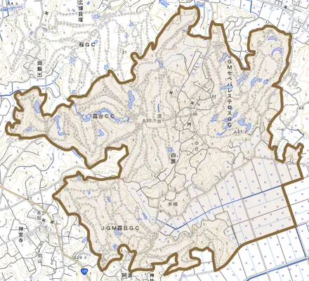 四箇とその周辺の地図。町の範囲を重ねている