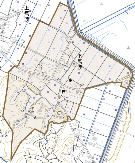 下馬渡とその周辺の地図。町の範囲を重ねている