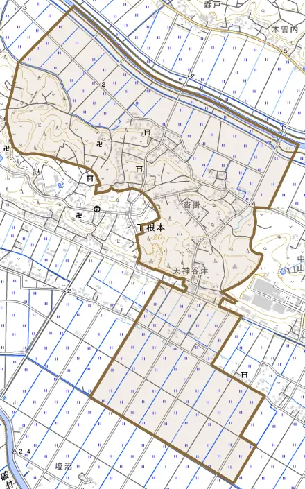下根本とその周辺の地図。町の範囲を重ねている
