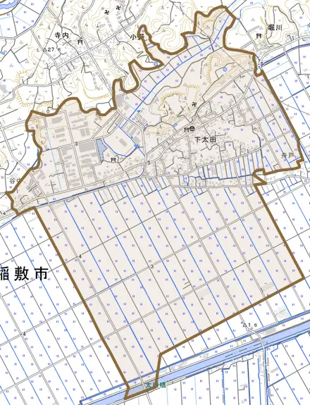 下太田とその周辺の地図。町の範囲を重ねている