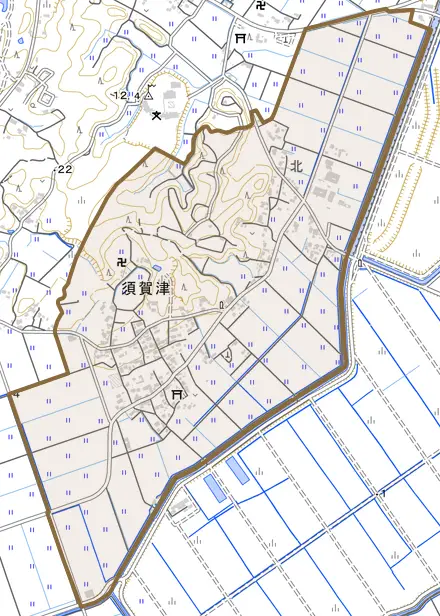 須賀津とその周辺の地図。町の範囲を重ねている